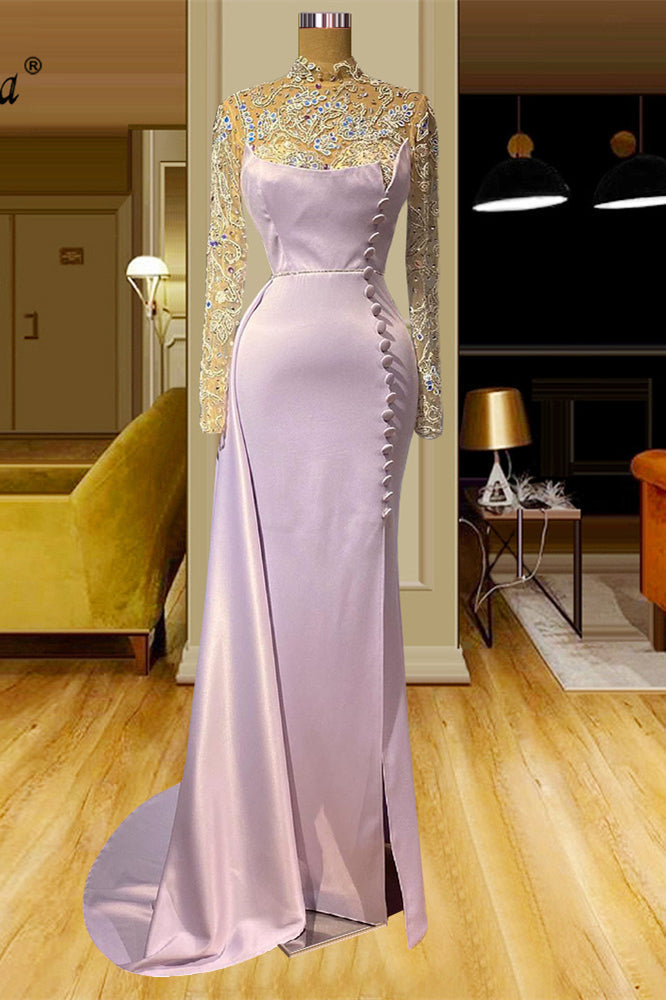 Lilac Long Sleeves High Neck Lace Side Slit Prom Dress with Button