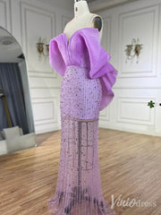 Lilac Sheer Beaded Prom Dresses Off the Shoulder Sweetheart Formal Dresses 20218