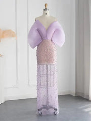 Lilac Sheer Beaded Prom Dresses Off the Shoulder Sweetheart Formal Dresses 20218
