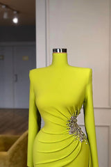 Lime Green High Neck Spandex Long Sleeve Crystal Prom Dress