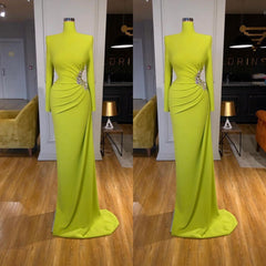 Lime Green High Neck Spandex Long Sleeve Crystal Prom Dress