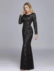 Mermaid / Trumpet Empire Elegant Party Wear Formal Evening Valentine's Day Dress Jewel Neck Long Sleeve Floor Length Tulle with Embroidery 2024 / Illusion Sleeve