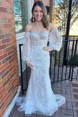 Mermaid White Off The Shoulder Sequins Lace Long Prom Dresses with Long Sleeves
