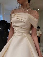 A-Line Evening Gown Elegant Dress Formal Red Green Dress Floor Length Short Sleeve Illusion Neck Satin with Ruched Beading