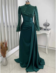 Aimishang A-Line Evening Gown Champagne Christmas Elegant Dress Formal Sweep / Brush Train Long Sleeve High Neck Satin with Glitter Pleats Ruched