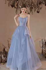 Blue V-Neck Tulle Lace Long Prom Dress, Lovely Spaghetti Straps Evening Dress