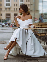 Aimishang Simple Wedding Dresses Satin Little White Dresses A-Line Off Shoulder Formal Short Sleeve Tea Length Bridal Gowns With Solid Color