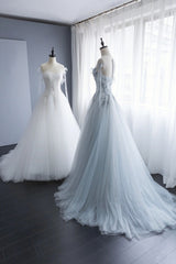 A-Line Tulle Lace Long Prom Dresses, Evening Party Dresses