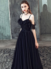 Black Spaghetti Strap Tulle Floor Length Formal Dress, A-Line Black Party Dress with Lace