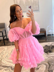 Cute A Line Sweetheart Pink Tulle Short Homecoming Dresses