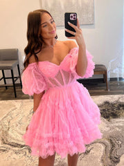 Cute A Line Sweetheart Pink Tulle Short Homecoming Dresses