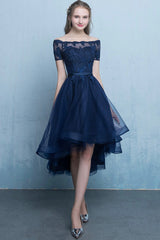 Blue Tulle Lace Short Prom Dress, High Low Evening Party Dress