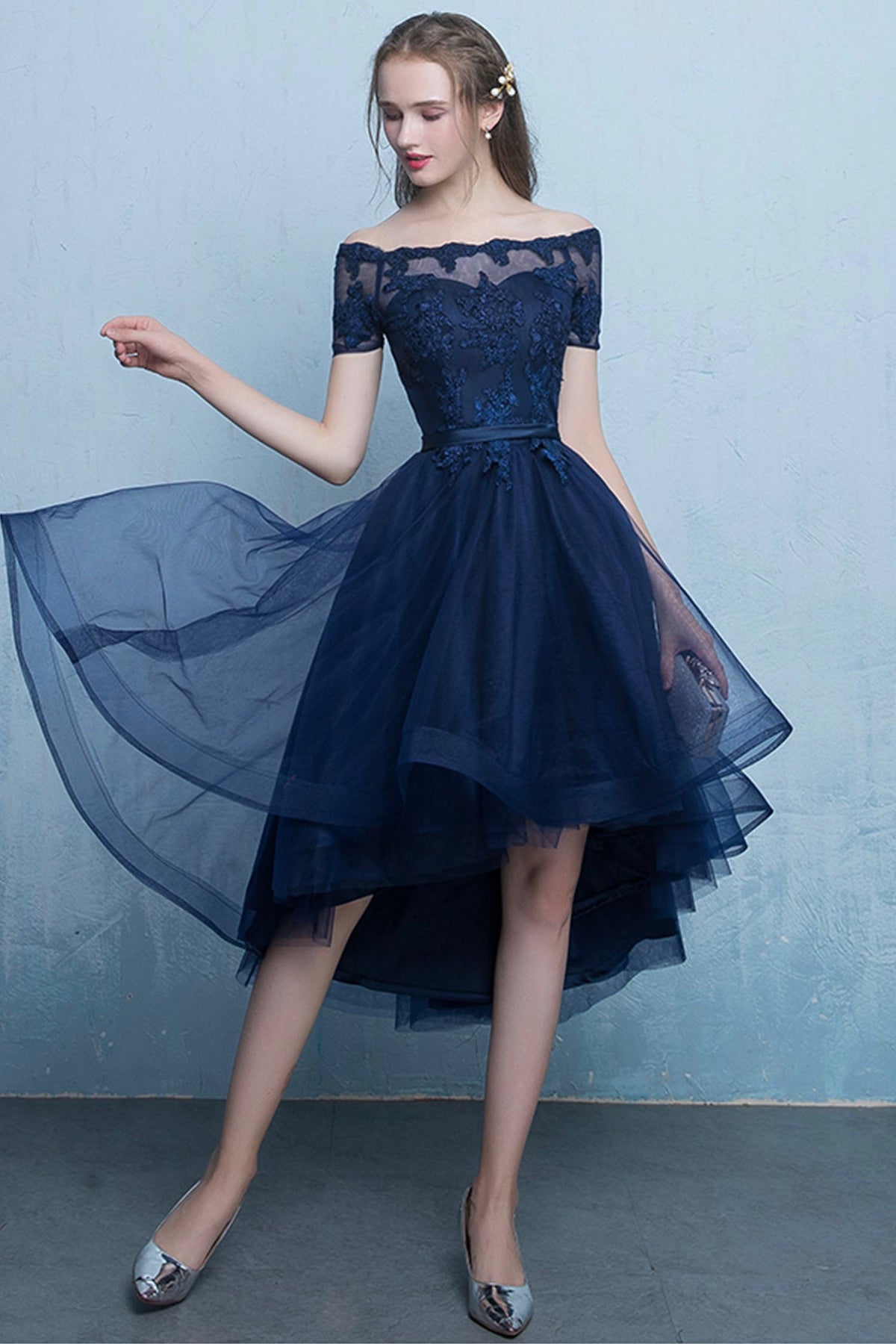 Blue Tulle Lace Short Prom Dress, High Low Evening Party Dress