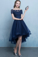 Blue Tulle Lace Short Prom Dress, High Low Evening Party Dress