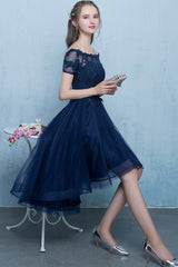 Blue Tulle Lace Short Prom Dress, High Low Evening Party Dress