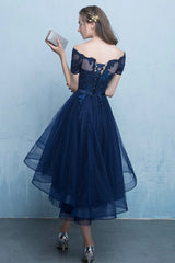Blue Tulle Lace Short Prom Dress, High Low Evening Party Dress