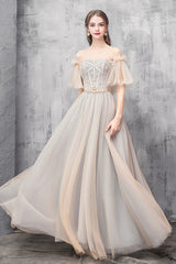 A-Line Off the Shoulder Tulle Long Prom Dress, Cute Evening Party Dress