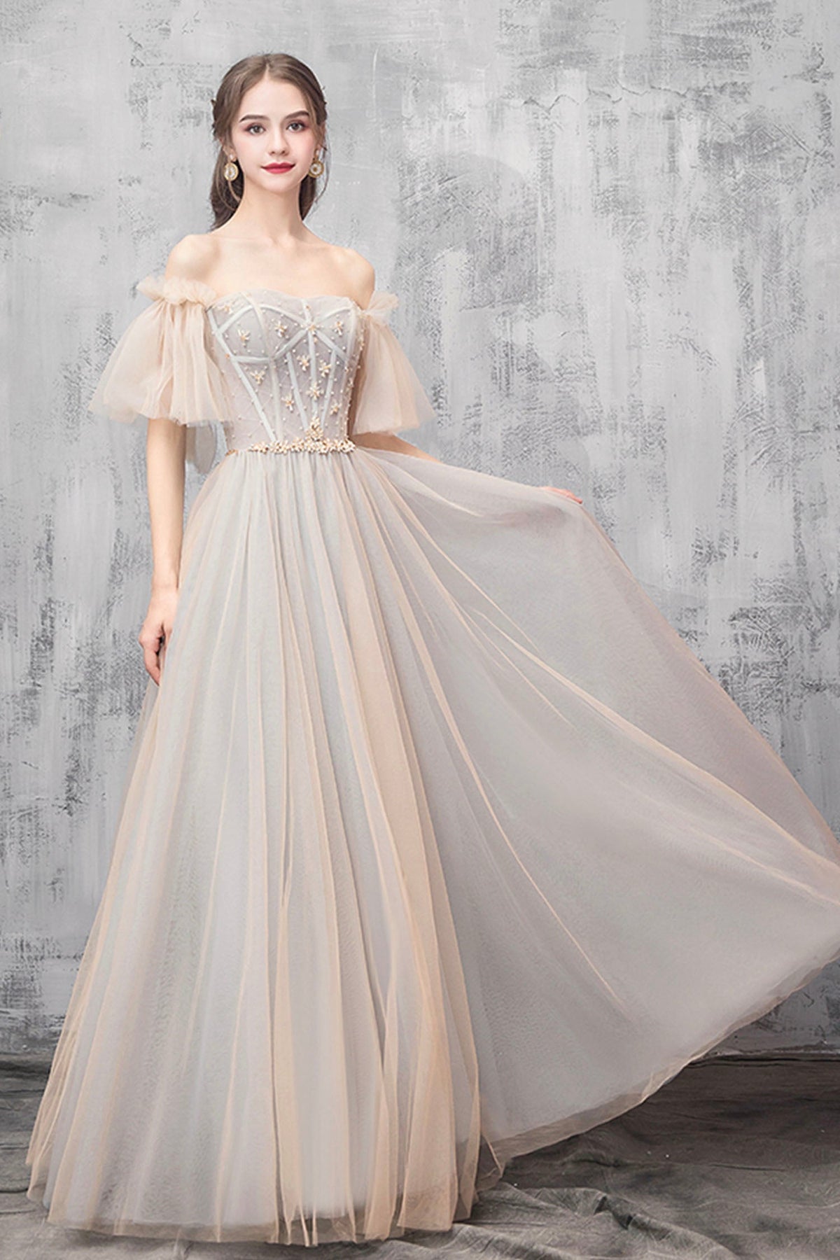 A-Line Off the Shoulder Tulle Long Prom Dress, Cute Evening Party Dress