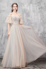 A-Line Off the Shoulder Tulle Long Prom Dress, Cute Evening Party Dress