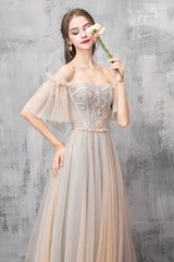 A-Line Off the Shoulder Tulle Long Prom Dress, Cute Evening Party Dress