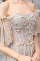 A-Line Off the Shoulder Tulle Long Prom Dress, Cute Evening Party Dress
