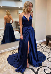 Blue V-Neck Long Prom Dresses, A-Line Backless Evening Dresses