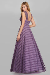 Long A-line V-Neck Tulle Satin Formal Prom Dresses