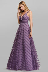Long A-line V-Neck Tulle Satin Formal Prom Dresses