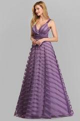 Long A-line V-Neck Tulle Satin Formal Prom Dresses