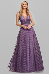 Long A-line V-Neck Tulle Satin Formal Prom Dresses