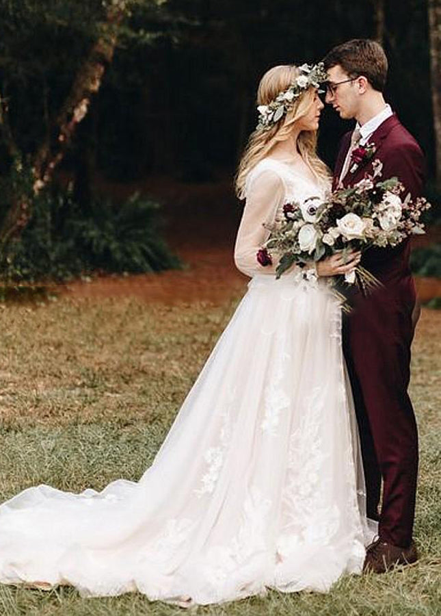 Long Bohemian Wedding Dresses Illusion Sleeves V Neck Back