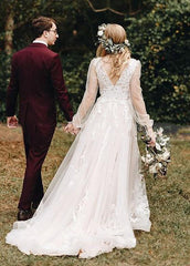 Long Bohemian Wedding Dresses Illusion Sleeves V Neck Back