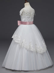 Long Length Cap Sleeve Scoop Neck Flower Girl Dresses with Lace Tulle Belt and Appliques