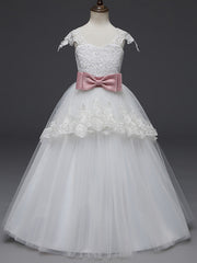 Long Length Cap Sleeve Scoop Neck Flower Girl Dresses with Lace Tulle Belt and Appliques