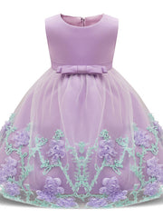 Long Length Sleeveless Jewel Neck Flower Girl Dresses with Satin Tulle and Petal Bow Appliques