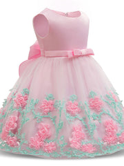 Long Length Sleeveless Jewel Neck Flower Girl Dresses with Satin Tulle and Petal Bow Appliques