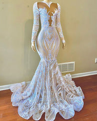 Long Mermaid V-neck Lace Formal Prom Dress with Sleeves