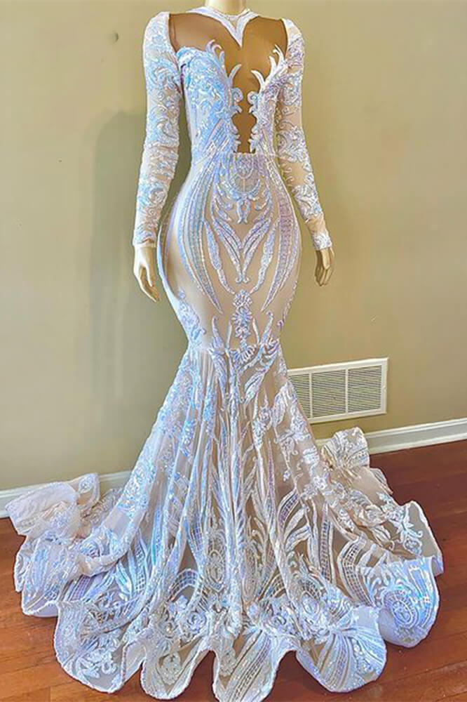 Long Mermaid V-neck Lace Formal Prom Dress with Sleeves