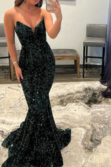 Long Mermaid V-Neck Sequins Backless Formal Prom Dress