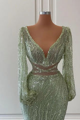 Long Mermaid V-Neck Sequins Tulle Lace Evening Prom Dress with Sleeves