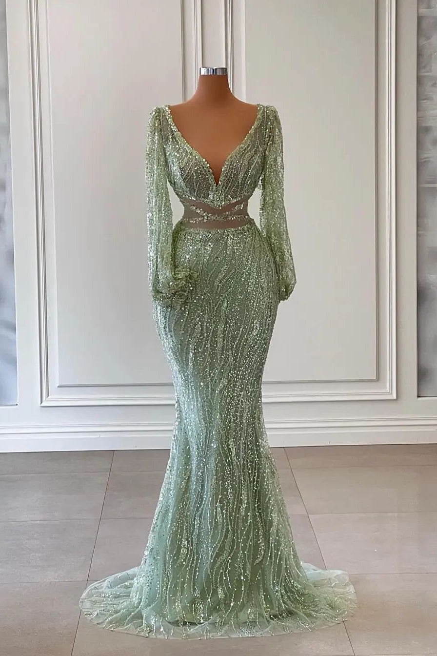 Long Mermaid V-Neck Sequins Tulle Lace Evening Prom Dress with Sleeves