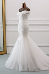 Long Mermaid Wedding Dress with Lace Appliques - Off-the-Shoulder