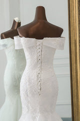 Long Mermaid Wedding Dress with Lace Appliques - Off-the-Shoulder