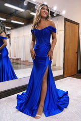 Long Off The Shoulder Mermaid Satin Lace Evening Prom Dress with Split