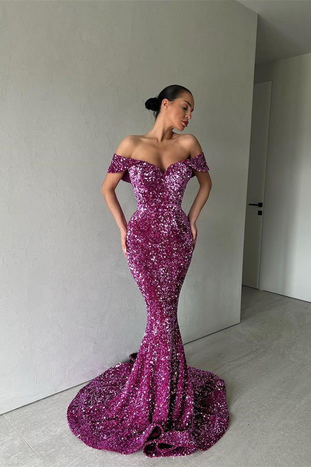 Long Purple Off-The-Shoulder Mermaid Evening Dress with Sequins