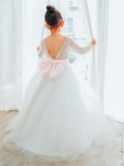 Long Sleeve Flower Girl Dress with Lace Tulle and Bows Belt