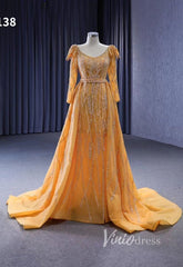 Long Sleeve Gold Wedding Dresses Removable Overskirt Pageant Dress 222138