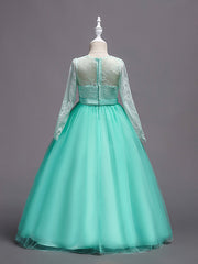 Long Sleeve Jewel Neck Lace Satin Tulle Flower Girl Dress with Lace Belt
