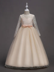 Long Sleeve Jewel Neck Lace Satin Tulle Flower Girl Dress with Lace Belt