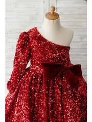Long Sleeve One Shoulder Ball Gown Knee Length Flower Girl Dress with Bow and Sequins